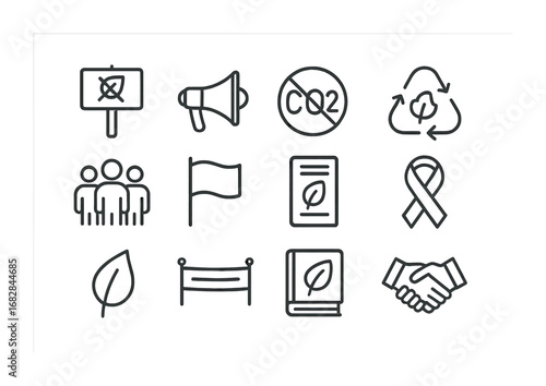 Pollution Reduction Icons. Outline icon set of pollution reduction campaigns: protest sign, megaphone, CO2