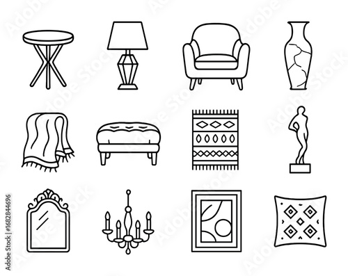 Luxury Accent Icon Set. Outline icon set of luxury accent details: gold side table, crystal lamp, velvet