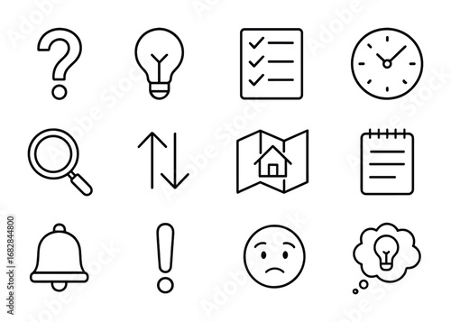 Problem-Solving Icon Set. Outline icon set of problem-solving in household searches: question mark, light bulb