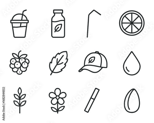 Natural Beverage Icons. Outline icon set of natural beverage packaging: smoothie cup, juice bottle, straw,