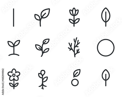 Minimal Botanical Icons. Outline icon set of minimalist botanical design: stem, leaf, flower, seed, sprout,