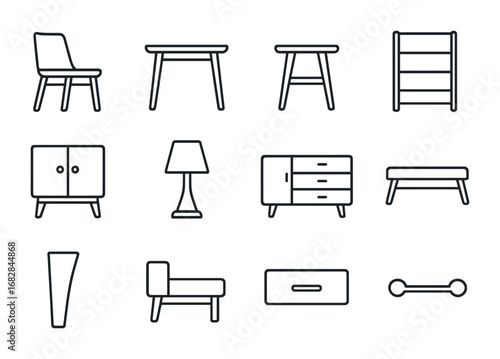 Modern Furniture Icons. Outline icon set of modern wooden furniture design: chair, table, stool, shelf,