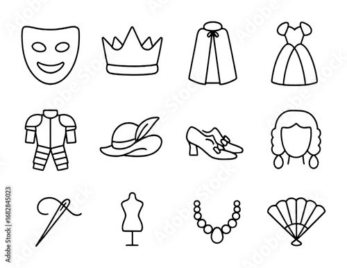 Theatrical Costume Icons. Outline icon set of costume design in theater: mask, crown, cloak, gown, armor, hat,