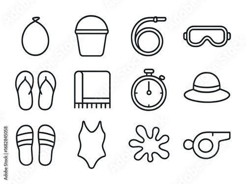 Water Balloon Icon Set. Outline icon set of water balloon fight: water balloon, bucket, hose, goggles, flip