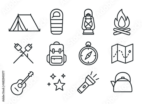 Backyard Camping Icons. Outline icon set of backyard camping: tent, sleeping bag, lantern, campfire,