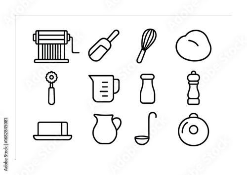 Pasta-Making Icon Set. Outline icon set of pasta-making essentials: pasta roller, flour scoop, whisk, dough