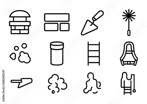 Chimney Maintenance Icons. Outline icon set of chimney maintenance: chimney cap, brick, mortar trowel, brush,