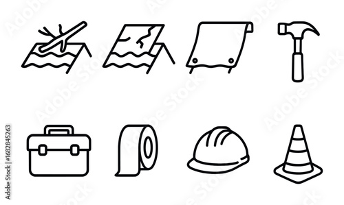 Roof Repair Icons. Outline icon set of roof storm damage repair: fallen branch, broken shingle, tarp, hammer,