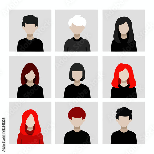 Silhouettes feature individuals displaying various hairstyles and colors, including black, red, and white. Each figure is depicted in a minimalist style, highlighting diversity.