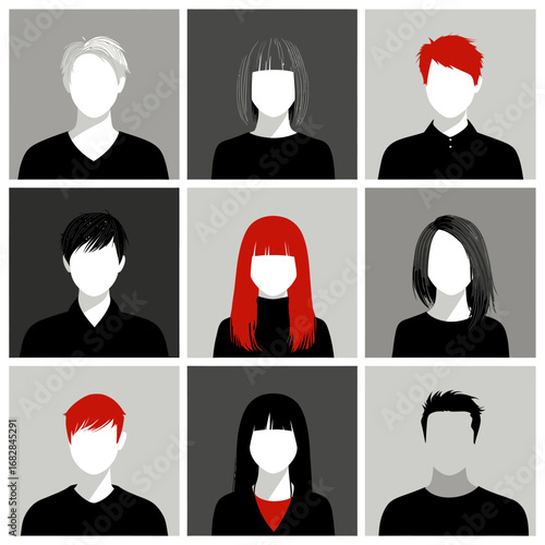 Silhouettes feature individuals displaying various hairstyles and colors, including black, red, and white. Each figure is depicted in a minimalist style, highlighting diversity.