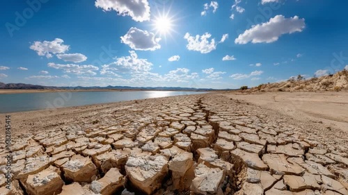 Dry Lake Bed Under a Radiant Sun: A breathtaking landscape of a dried-up lake bed unfolds under a clear, azure sky, the cracked earth reflecting the relentless heat of the sun.