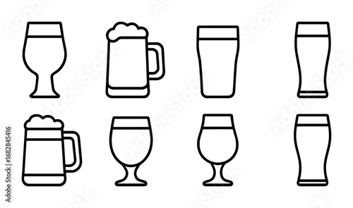 Beer Styles Icons. Outline icon set of beer styles: IPA glass, stout mug, lager pint, pilsner glass, porter