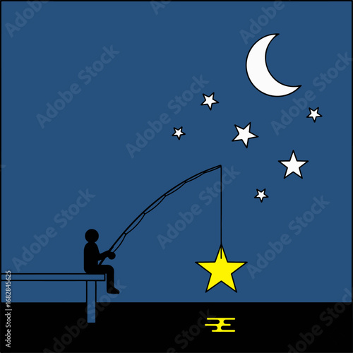 Surreal Vector of Man Catching Stars Near Lake