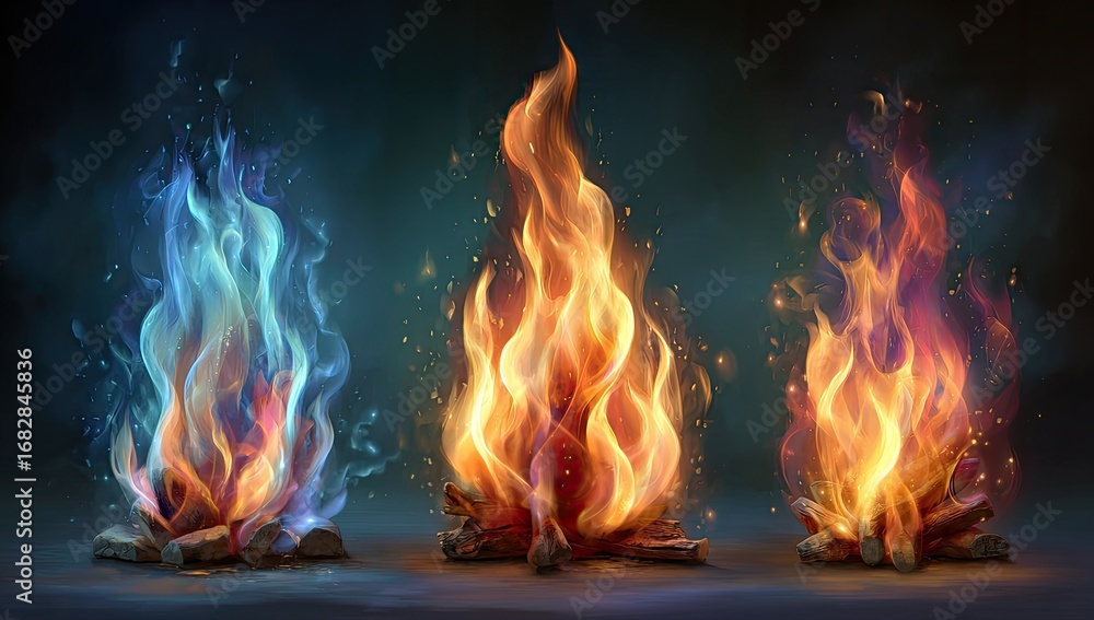 Fototapeta premium Three stylized campfire illustrations, showcasing different colored flames