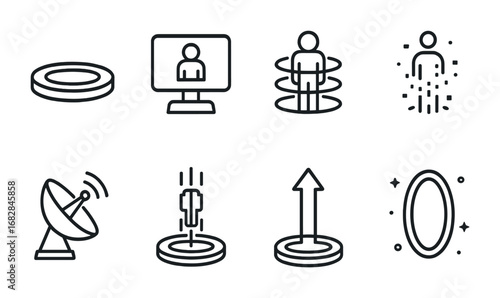 Teleportation Icon Set. Outline icon set of teleportation devices: teleport pad, control screen, glowing rings