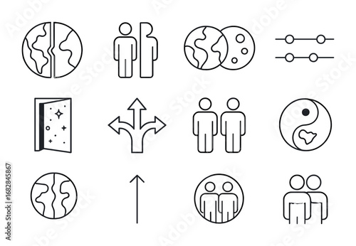 Parallel Universe Icons. Outline icon set of parallel universes: split world, mirror reflection, alternate