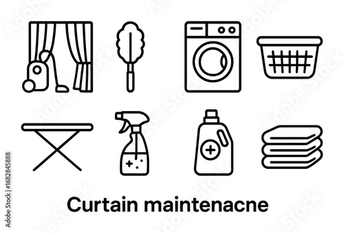 Curtain Care Icons. Outline icon set of curtain maintenance: vacuum cleaner, duster, washing machine, laundry