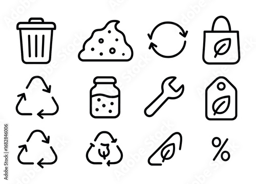 Waste Reduction Icons. Outline icon set of waste reduction: trash bin, compost heap, sorting arrows, reusable