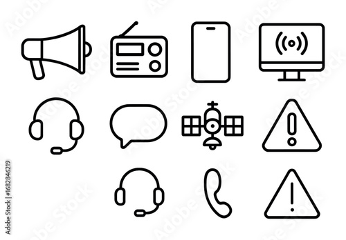 Communication Tool Icons. Outline icon set of communication tools: megaphone, radio, smartphone, dispatch