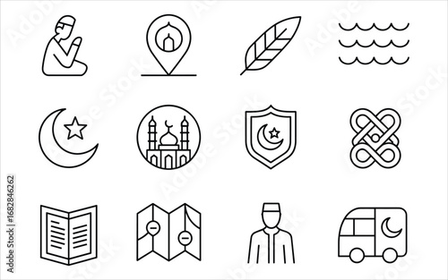 Islamic Icons Including Praying Man Mosque Crescent Moon and Holy Book muslim religion