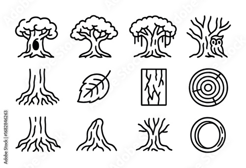 Old Trees Icon Set. Outline icon set of old trees: hollow trunk, wide branches, moss, owl hole, thick roots,