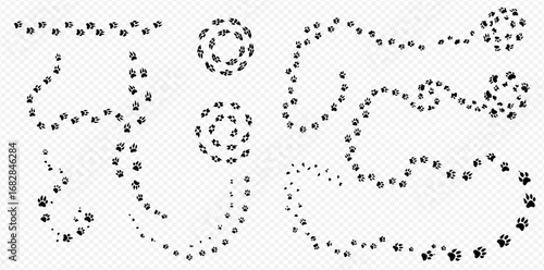 Collection of animal paw print trails forming various shapes like lines, curves, and spirals on a transparent background.