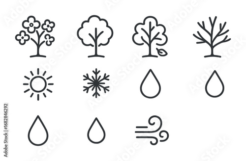 Seasonal Tree Icons. Outline icon set of seasons of a tree: spring blossom, summer leaves, autumn falling leaf