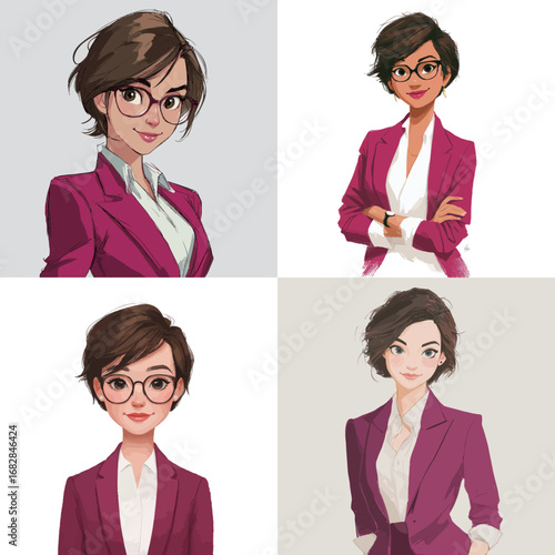 Four artistic portrayals of a professional woman dressed in a vibrant suit, showcasing different poses and expressions that convey confidence and style in a contemporary setting.