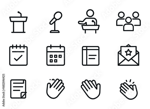 Event Hosting Icons. Outline icon set of event hosting: podium, microphone, presenter, audience, notepad,