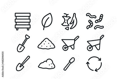 Composting Icons Grid. Outline icon set of composting systems: compost bin, leaf, food scraps, worms, shovel,