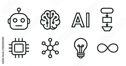 AI Icon Set. Outline icon set of artificial intelligence: robot head, brain with circuits, AI letters,