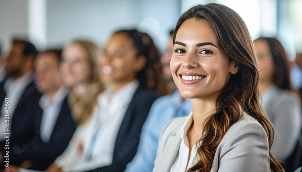 © NafiliaEmil - Happy young woman smiling at business seminar with diverse audience. Business and diversity themes. Detailed high quality image. © NafiliaEmil - Happy young woman smiling at business seminar with diverse audience. Business and diversity themes. Detailed high quality image.