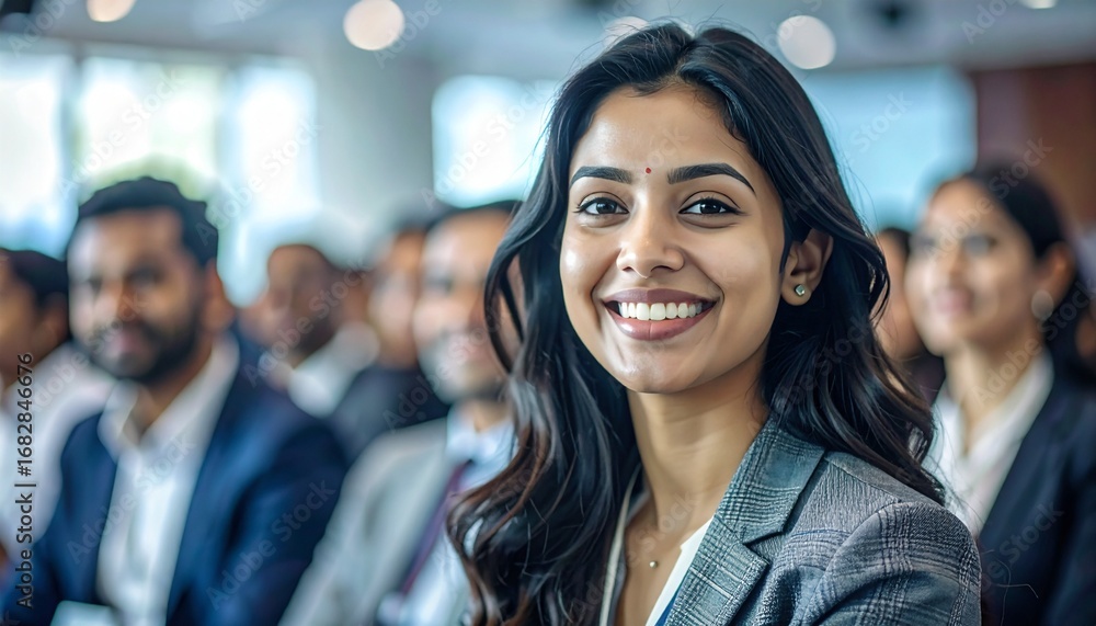 Fototapeta premium Happy young woman smiling at business seminar with diverse audience. Business and diversity themes. Detailed high quality image. 