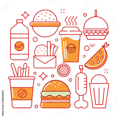 Fast Food Icons Set with Burger Fries Drink and Snack Packaging