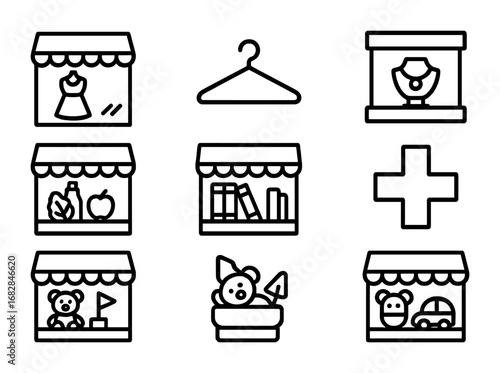 Retail Shop Icons. Outline icon set of retail shops: boutique window, clothing hanger, shoe display, jewelry