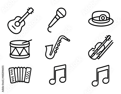 Street Music Icon Set. Outline icon set of street musicians: guitar, microphone, hat for coins, drum,