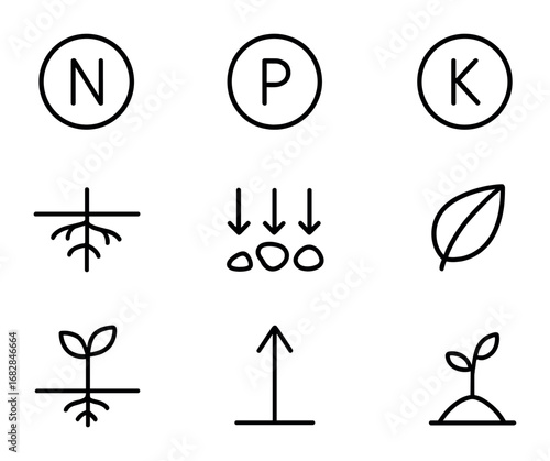 Nutrient Uptake Icons. Outline icon set of nutrient uptake: nitrogen symbol, phosphorus icon, potassium icon,