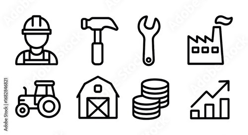 Rural Job Icons. Outline icon set of rural job creation: worker figure, hammer, wrench, factory, tractor, barn