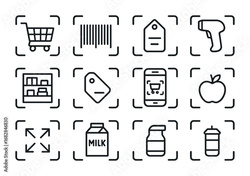 Supermarket AR Icons. Outline icon set of AR in supermarkets: cart, barcode, scanner, shelf, product label,