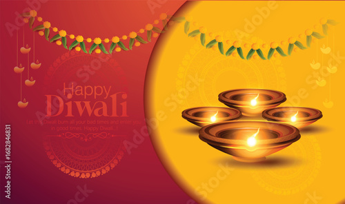 Diwali Celebration Poster with Oil Lamps and oil lamps representing traditional Diwali celebrations on a vibrant gradient background