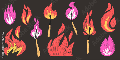 Stylized fire elements with graffiti texture and flame designs - burning matches, pink and orange blazes on dark background. Hand drawn illustrations for urban art project or edgy graphic composition