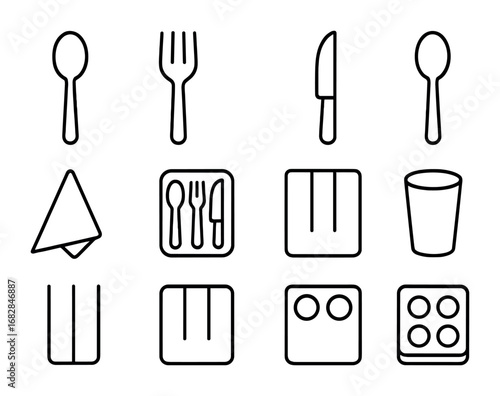 Cutlery Icon Grid. Outline icon set of cutlery storage: spoon, fork, knife, teaspoon, napkin, cutlery tray,