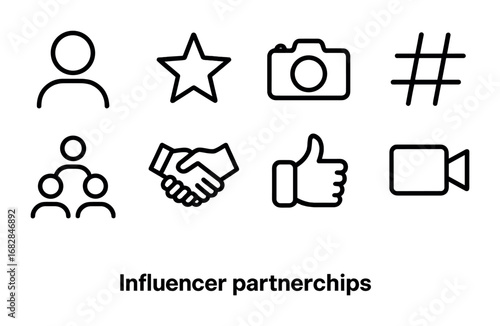 Influencer Icon Set. Outline icon set of influencer partnerships: person icon, star, camera, hashtag,