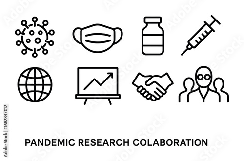 Pandemic Research Icons. Outline icon set of pandemic research collaboration: virus, mask, vaccine vial,