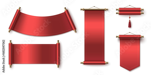 Red Chinese scroll designs with paper textures - curved and straight banners with metal handles, traditional hanging decorations and tassel details. Asian ceremonial elements for festival announcement