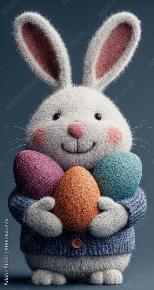 Obraz premium Fluffy white Easter bunny holding colorful eggs