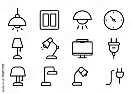 Office Lighting Icons. Outline icon set of office lighting controls: overhead light, switch panel, motion