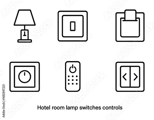 Hotel Lamp Switch Icons. Outline icon set of hotel room lamp switches: bedside lamp, master switch, wall