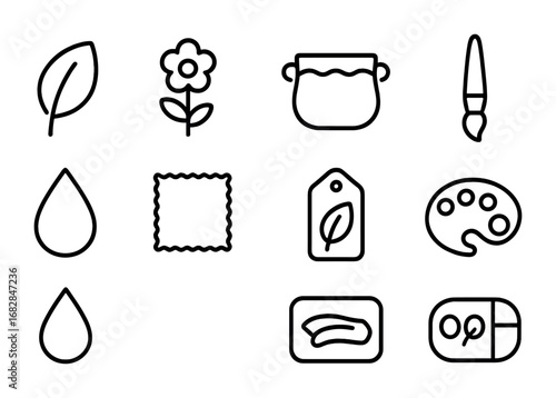 Natural Dye Icon Set. Outline icon set of natural dyeing: plant leaf, flower, dye pot, brush, color droplet,