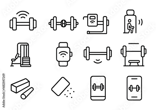 Strength Training Icons. Outline icon set of strength training gadgets: connected dumbbell, barbell sensor,